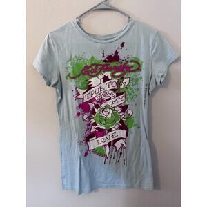Vintage Ed Hardy womens size large blue green and pink rose crew neck tshirt